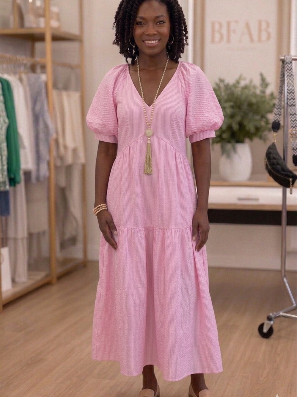Finley Blush V-Neck Puff-Sleeve Maxi Dress